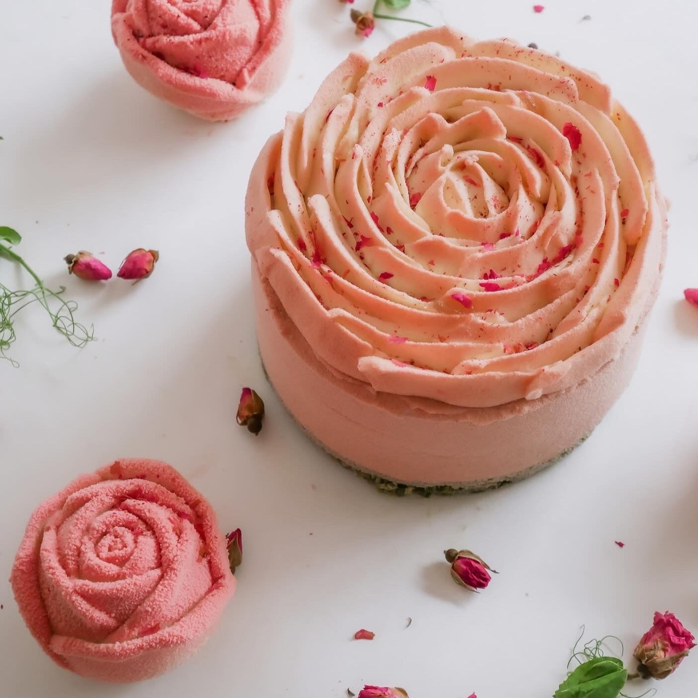 Lychee, rose and matcha dessert