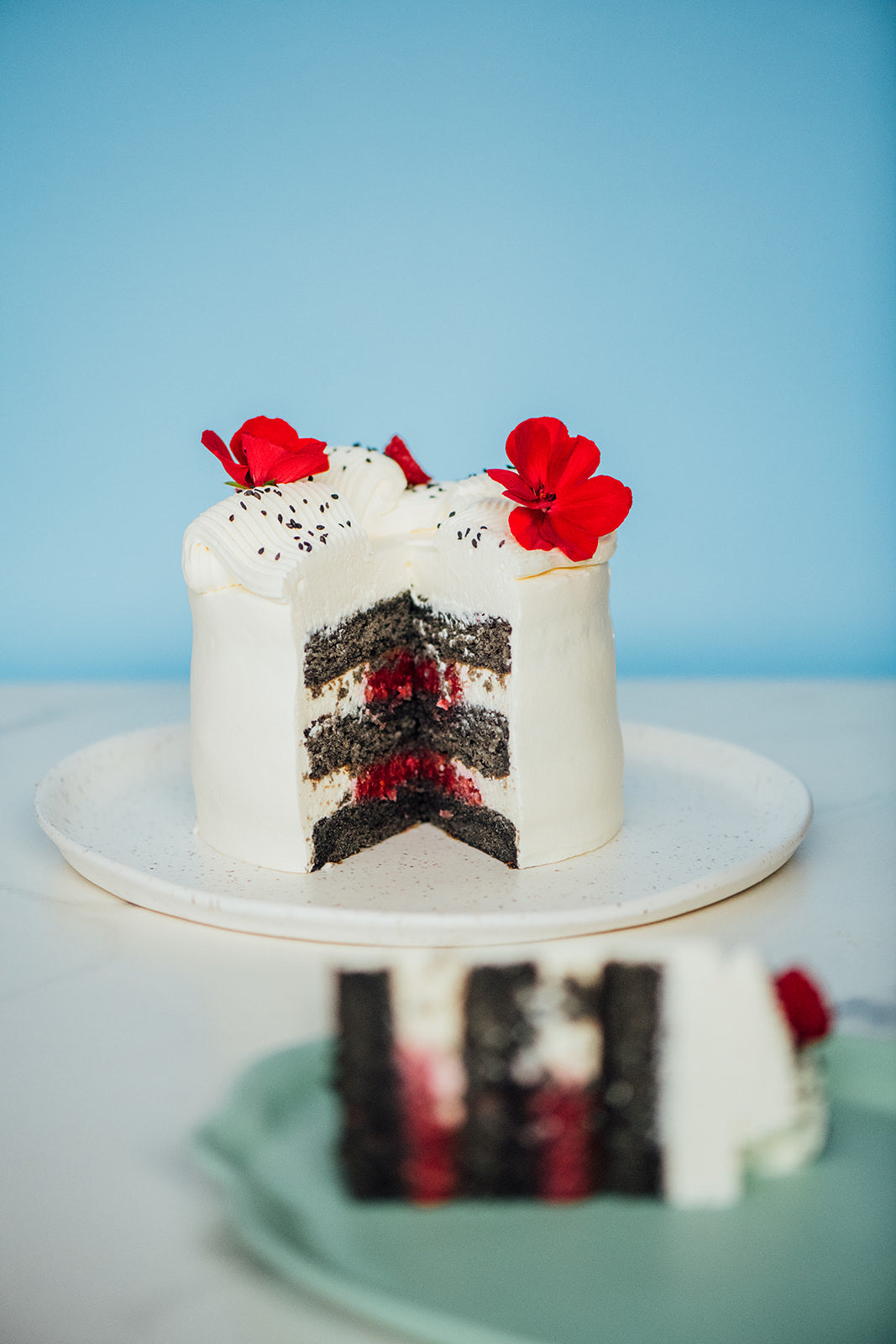 Black sesame cake, raspberry and Yuzu