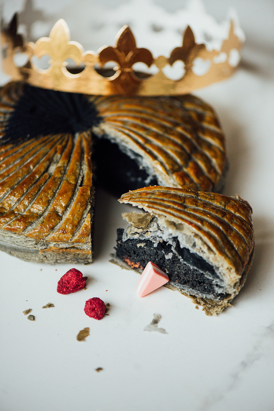 Black sesame and raspberry king/queen galette