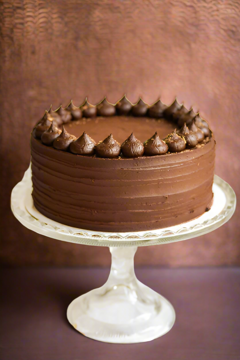 Vegan cake with olive oil, haskap berries, and dark chocolate