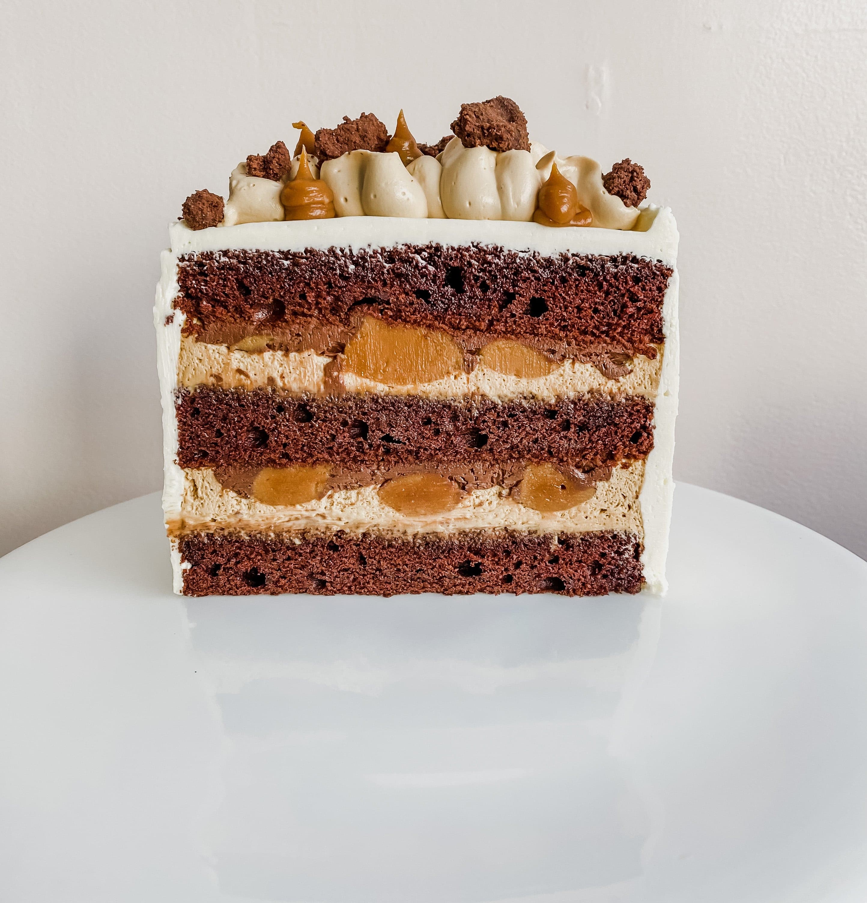 Chocolate and salted miso caramel mounted cake